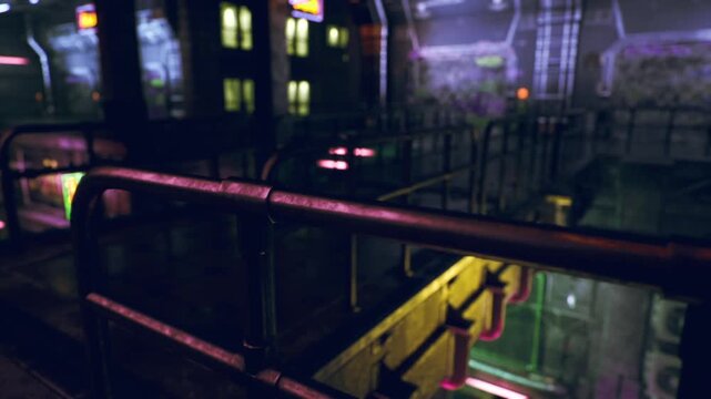 Industrial mezzanine seoul under neon wash. Worn metal platforms, utility boxes, soft purple and green glows, empty service corridor ideal for worker safety