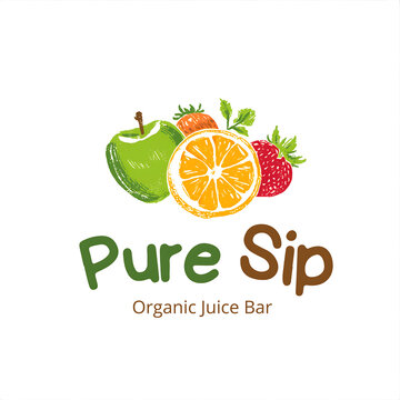 Pure Sip organic juice bar logo design with hand drawn fruit cluster of apple, orange, and strawberry