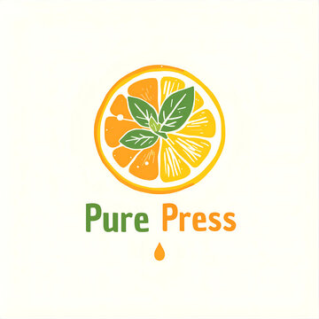 Pure Press logo design with citrus orange slice and green mint leaves for organic cold pressed juice bar
