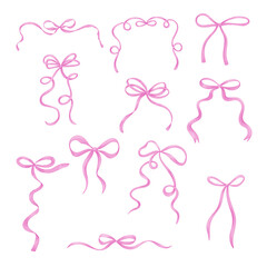 Fototapeta premium Watercolor pink bows set, ribbon silk, illustration for design and print.