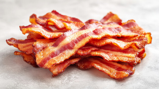 Crispy cooked bacon strips creating a stack, offering a delicious breakfast ingredient or savory snack