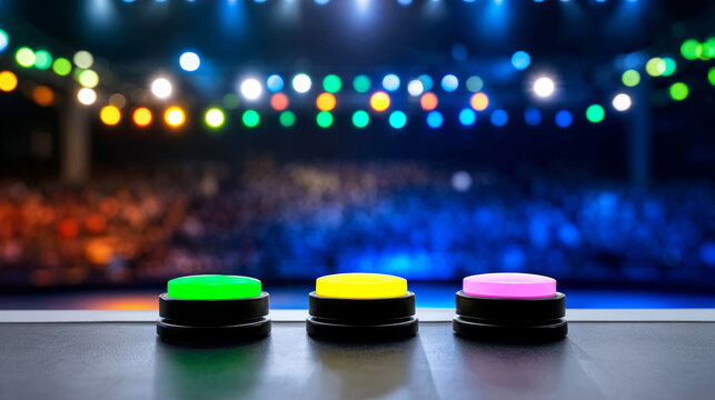 Three colorful game show buzzers on a dark stage surface with blurred audience and bright concert lights