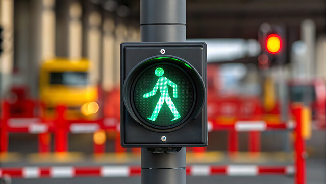 Green pedestrian walk signal at urban crosswalk with red and white barriers