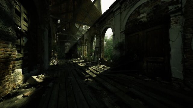 Long sunlit ruined corridor with broken floorboards and exposed rafters, shafts of light carving dust motes, layered shadows and sense of untold stories waiting