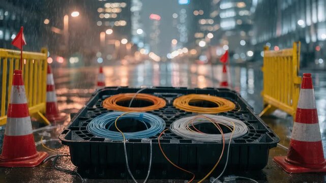 Medium shot capturing a fiber optic splice tray under traffic control cones and barricades emphasizing the cables and labels with blurred city lights beyond