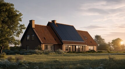 Fototapeta premium Sustainable Country Home with Solar Panels at Golden Hour Sunset