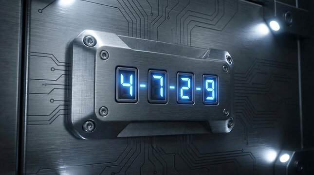 Metal combination lock with glowing blue digital numbers displaying 4-7-2-9 on a circuit board background