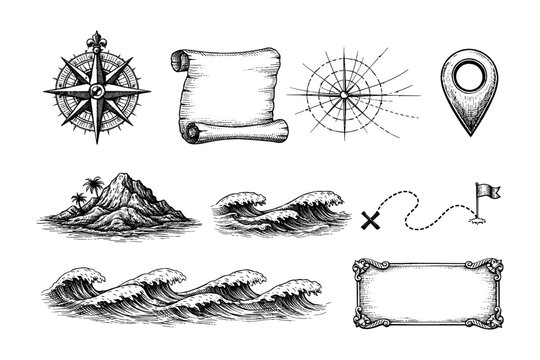 Vintage nautical elements collection: compass, map, island, waves, and treasure map icons