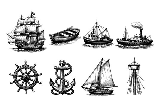 Collection of vintage nautical vessels and maritime equipment in detailed black and white illustration