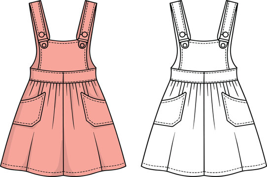 Technical fashion flat sketch for pinafore dress featuring peach color and line art versions with shoulder straps and front pockets.