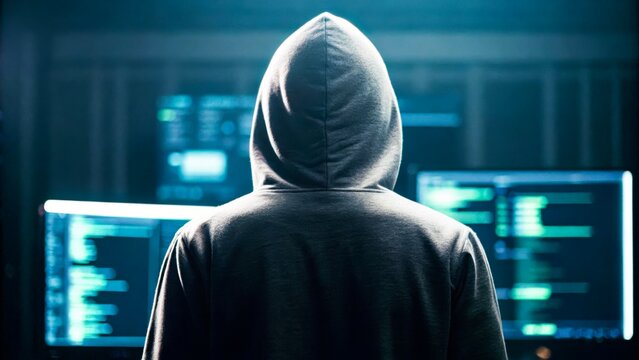 Individual in gray hoodie facing multiple computer screens displaying code in dark environment