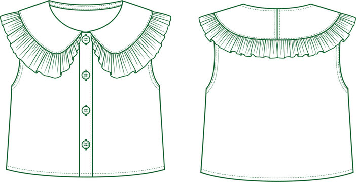 Technical fashion flat sketch of sleeveless blouse featuring large ruffled Peter Pan collar and button down front in green vector.