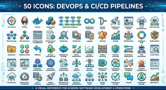50 flat design DevOps and CI/CD pipeline icons set isolated on transparent background