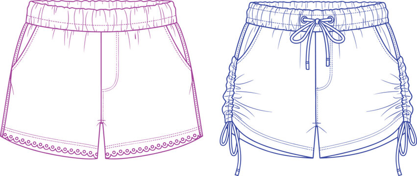 Technical fashion flat sketches for women shorts featuring lace trim hem and side ruched drawstring details in pink and blue.