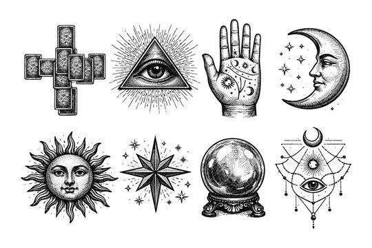 Esoteric symbols collection: tarot, eye of providence, palmistry, moon, sun, crystal ball