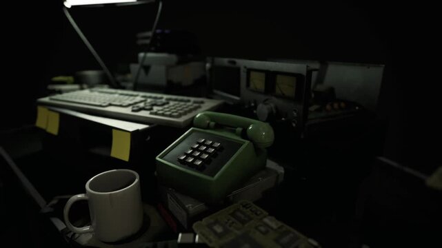 Surveillance operator night station coffee cup perched by console, blinking LEDs, stacked keyboards and exposed circuit board, sticky reminders on screen edge,