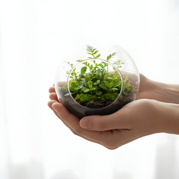 Hands Holding Earth Globe with Green Plants &ndash; Sustainability Concept