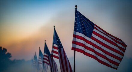 Naklejka premium American flags waving in the sunset