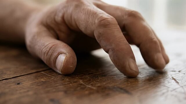 Old hand finger closeup wood table texture detail asmr touch aging skin rough surface macro view wrinkled aged finger wooden table closeup detail