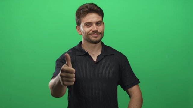 Young hispanic man giving thumbs up with raised right thumb and relaxed pose in green studio; approval.