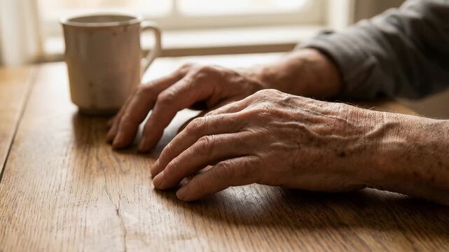 Elderly hand senior hand with wrinkled skin and aging skin showing parkinson disease symptoms on wooden table near coffee cup raising awareness