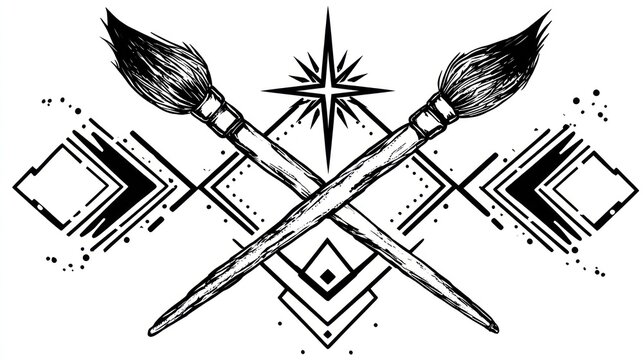 Two paintbrushes crossed over a geometric shape pattern with a star in the middle