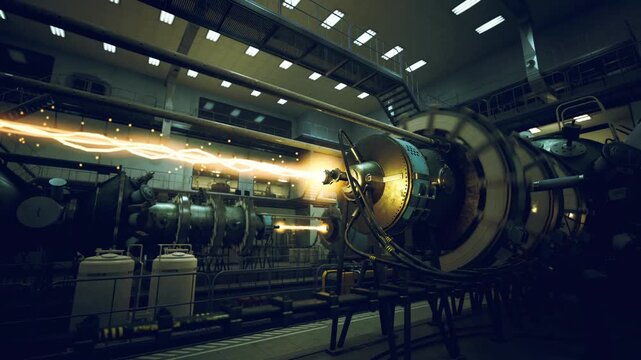 Highenergy turbine test with glowing stream, sensor arrays and metal casing under dim industrial lighting, intense heat signatures visible, diagnostic equipment