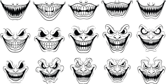 Large collection of scary monster faces with sharp teeth and evil smiles black and white hand drawn vector illustrations for horror halloween designs