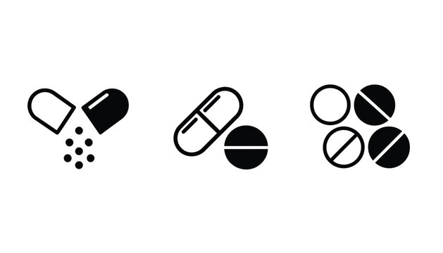 Pill icon set including capsule and tablet vector graphics