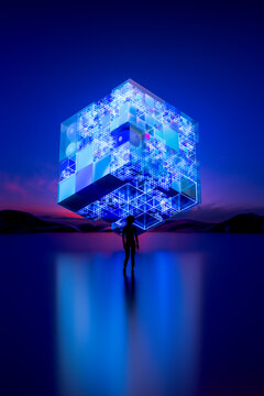3D data cube silhouette in floating digital horizon