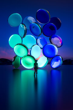 3D glass orb silhouette in luminous blue cyan cluster