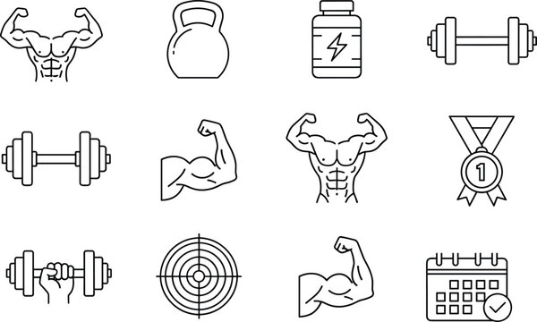 Sports nutrition fitness icons, supplements, protein powder, BCAA, capsules, bodybuilding strength, gym training, energy metabolism, achievement medal, vector illustration design