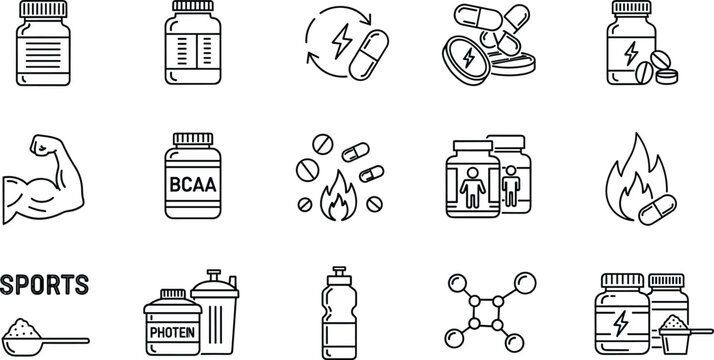 Sports nutrition supplement icons, protein powder, BCAA, capsules, bodybuilding, fitness, strength, metabolism, fat burning, shaker bottle, vector illustration design