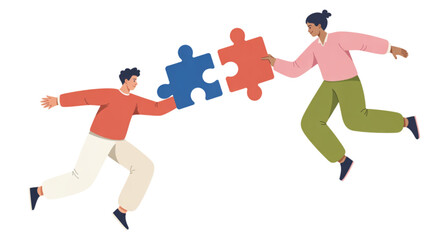 Fototapeta premium A minimalist vector illustration of two people running towards each other to connect puzzle pieces on transparent background