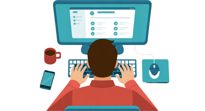 A man working on a computer with a cup of coffee and a phone on a transparent background