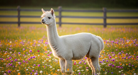 Fototapeta premium White alpaca stands in vibrant wildflower field with fence, symbolizing tranquility, nature, and pastoral beauty, perfect for eco-friendly or wellness concepts