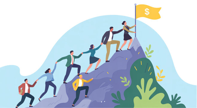 A group of business people climbing a mountain with a flag on top, symbolizing teamwork and success on transparent background