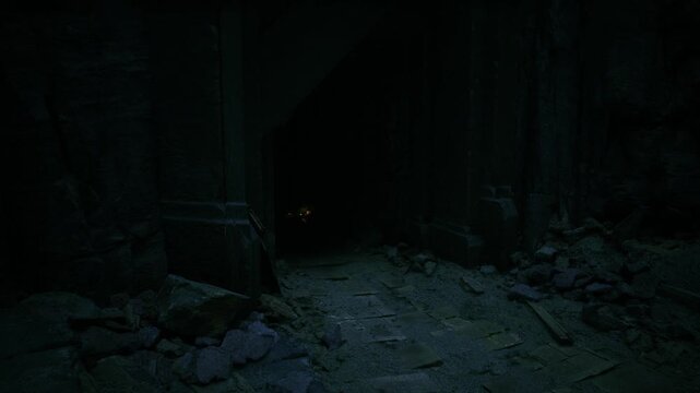 Threshold into deep black cavern interior, rocky approach framed by tall columns, almost complete darkness pierced by subtle distant glimmer, textured ground