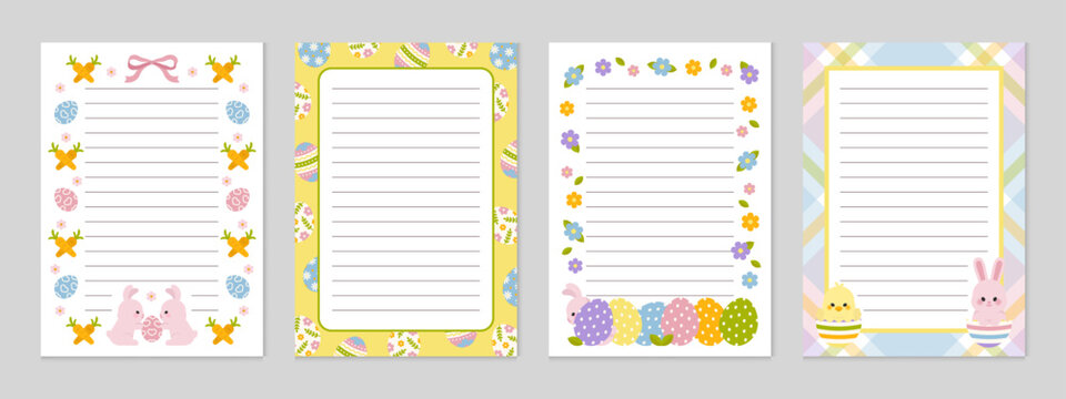 Set of 4 Easter A4 frame templates with bunnies, eggs, and floral decorations. Ideal for note paper, worksheets, invitations, and printable stationery.