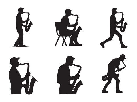 Jazz Day Six black silhouette figures playing saxophone in various poses music musician