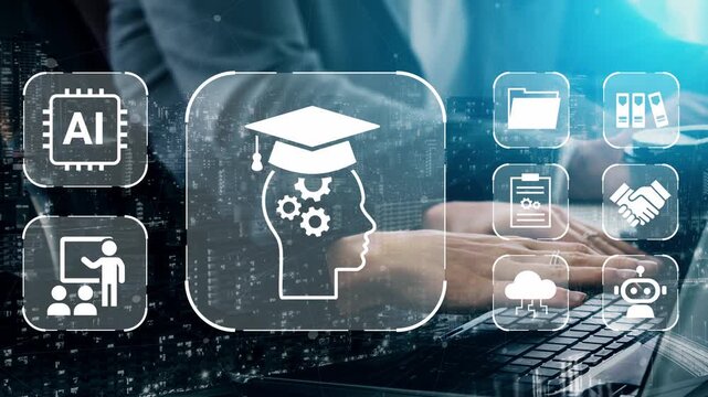 Innovative use of artificial intelligence in online education with digital icons representing learning, collaboration, and technology for future development Gluon.
