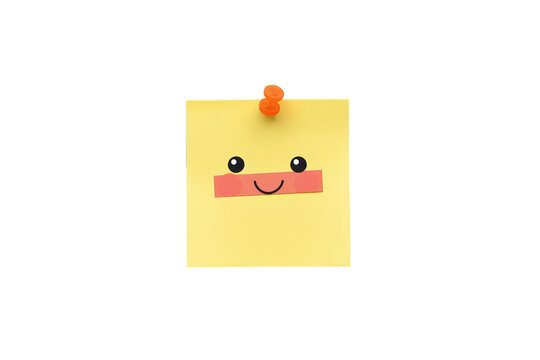 Yellow sticky note with smiling face pinned to a surface, conveying happiness, communication, and reminder ideas