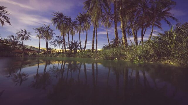 Palm reflections over farafra oasis pool at dusk, purple sky and calm water mirror creating cinematic silhouette, dense reed margins and distant dunes, tranquil