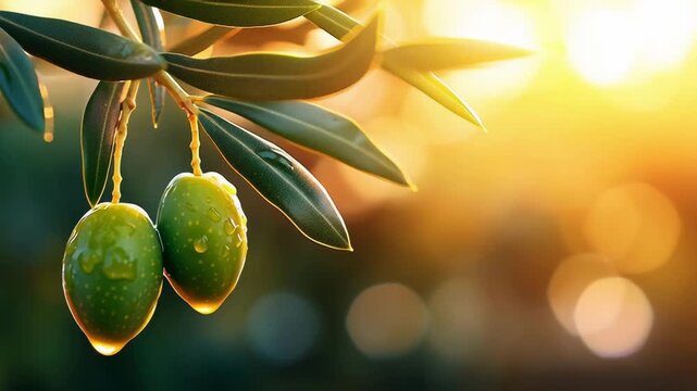 Two green olives dripping extra virgin olive oil on warm, sunny background, copy space