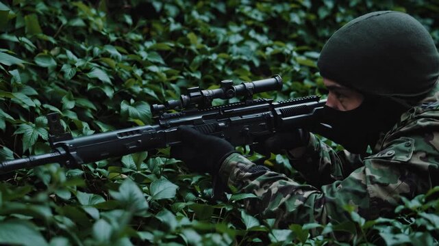 Soldier in camouflage aims rifle in dense foliage. Tension builds in military training scenario. Nature creates immersive atmosphere for action-packed video.