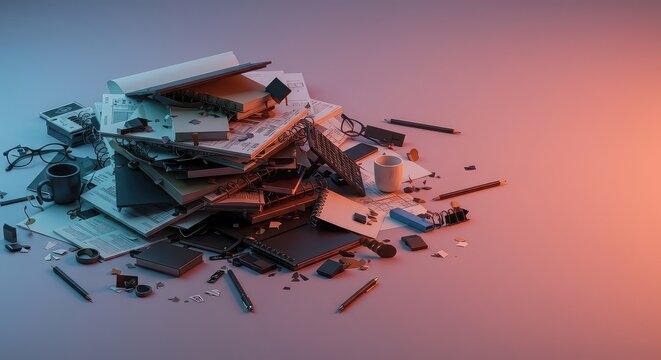 A chaotic heap of random items spread across a surface, symbolizing confusion, organizational failure, and the need for immediate tidiness, assortment, multiplicity, domestic