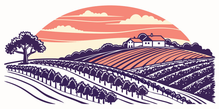 Houses on a hill with vineyards at sunset landscape rural