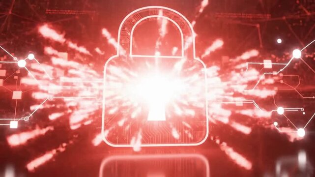 Cyber attack breach warning animation video with exploding digital padlock, hacking threat concept, data security failure and futuristic network vulnerability alert system