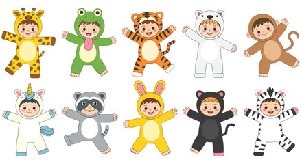Obraz premium A colorful illustration of children wearing various animal onesies on transparent background