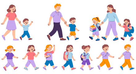 Fototapeta premium A colorful vector illustration of adults and children walking together in a flat design style on transparent background